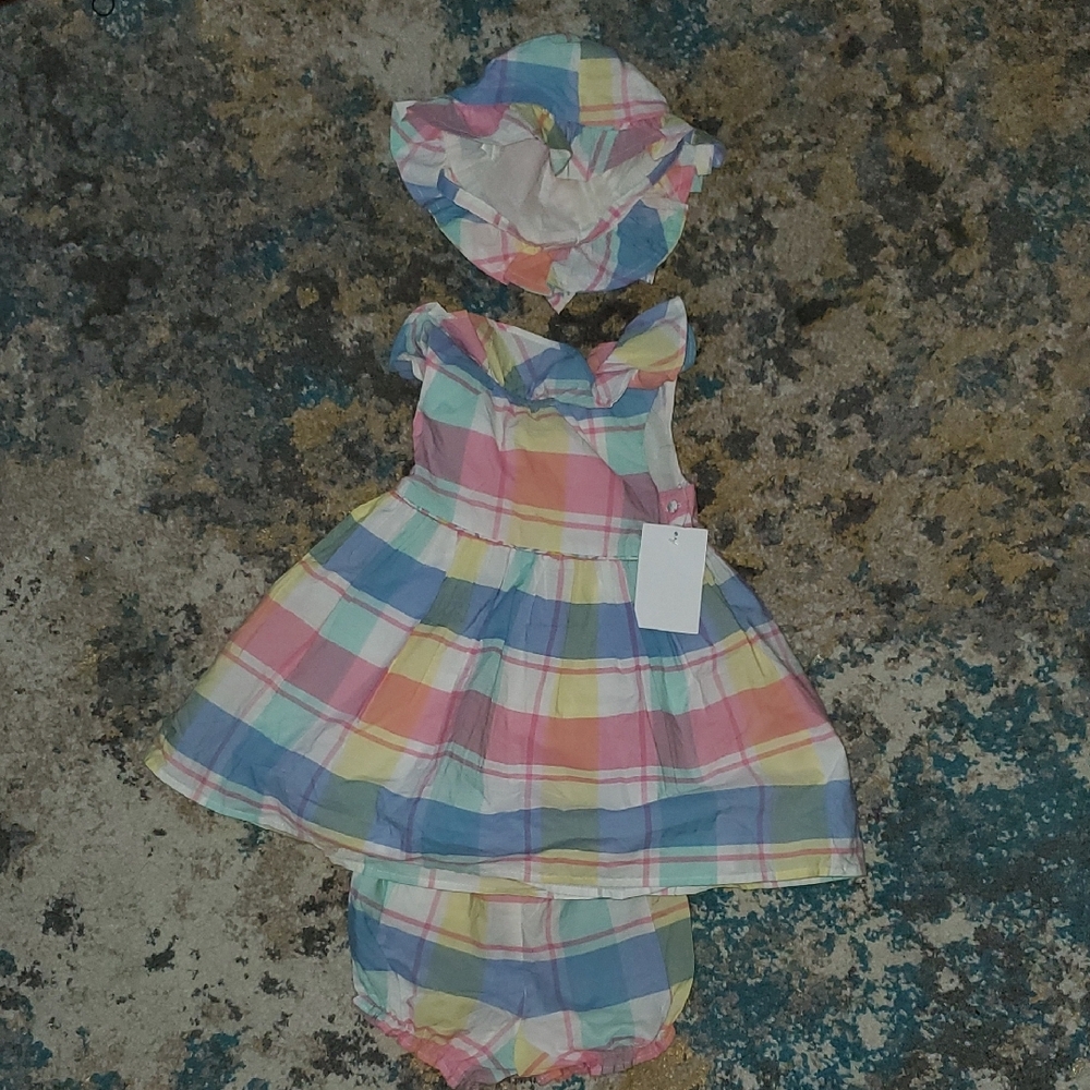 Colorful Plaid Baby Dress Setnew Tommy Bahamas Plaid 3 Pc Dress Bloomers & Hat - Picture 14 of 16